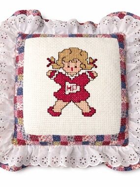 Vintage Handmade Cross Stitch Pillow Cottage Patchwork Lace Ruffle